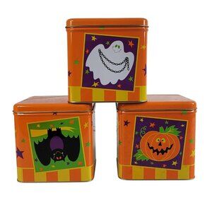 Amscan Halloween Tin & Lid 4.5" Set Of 3 Ghost Bat Jack O'Lantern Cat Fun Whimsy